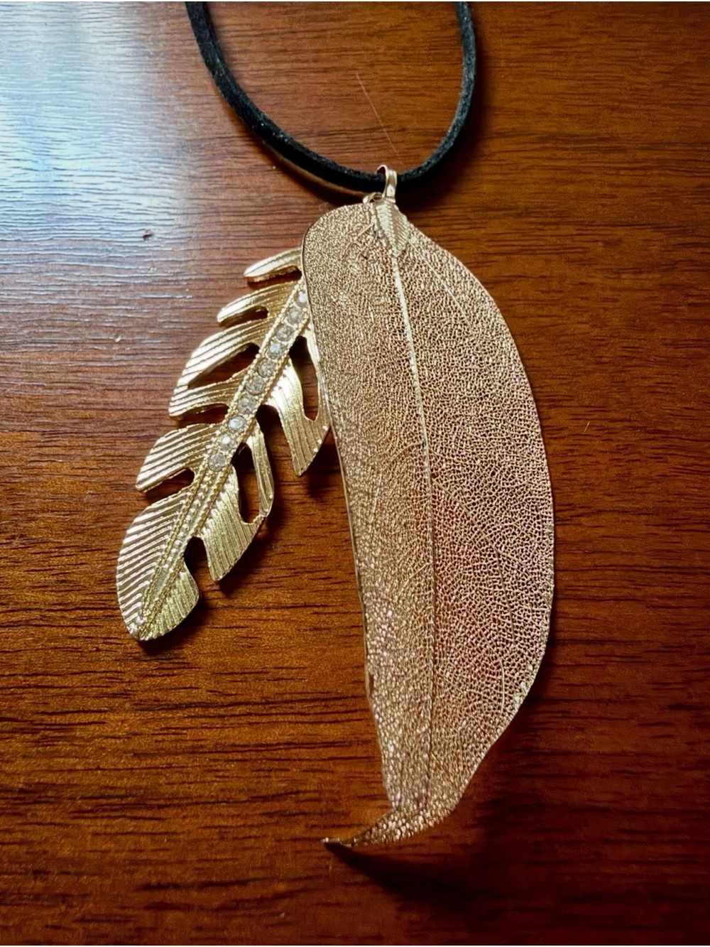 Rose Gold Leaf and Gold Layered Feather Pendant Necklace Boho 18”
